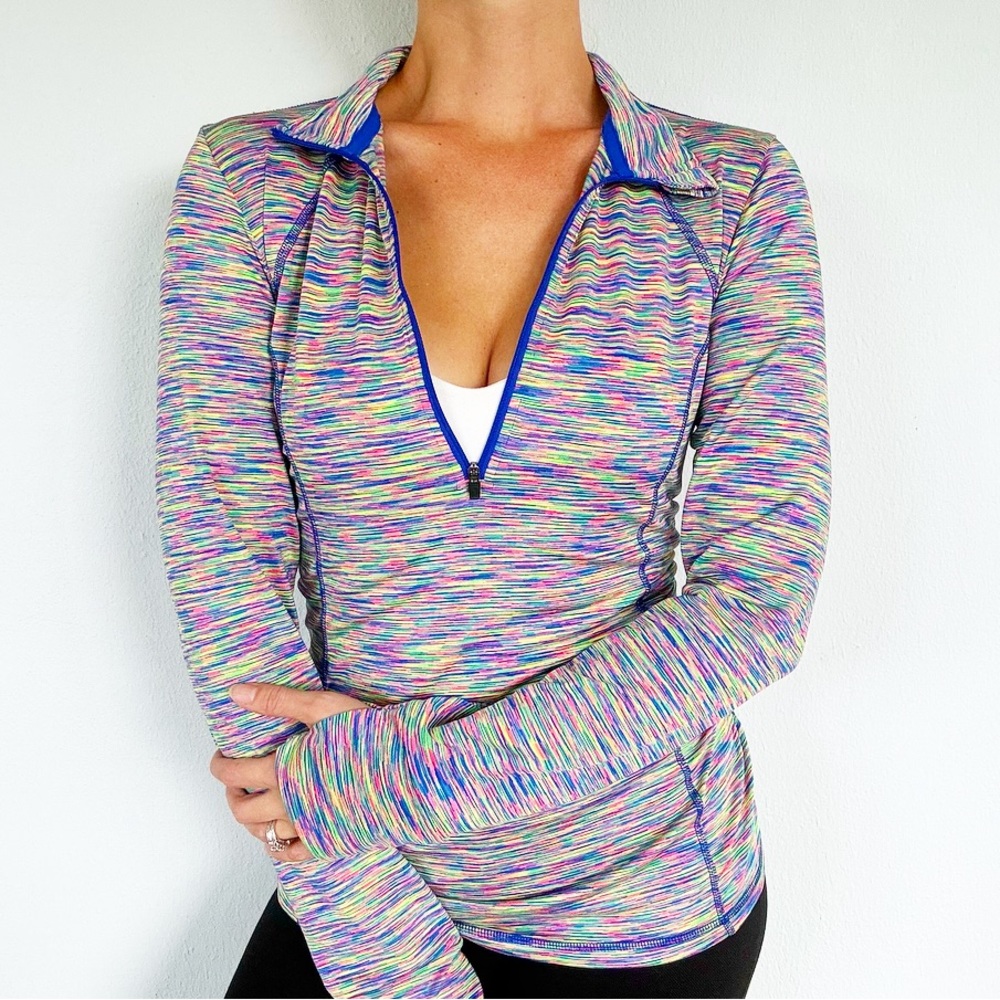 Xersion neon rainbow slim fit thumb hole pullover workout top size medium
